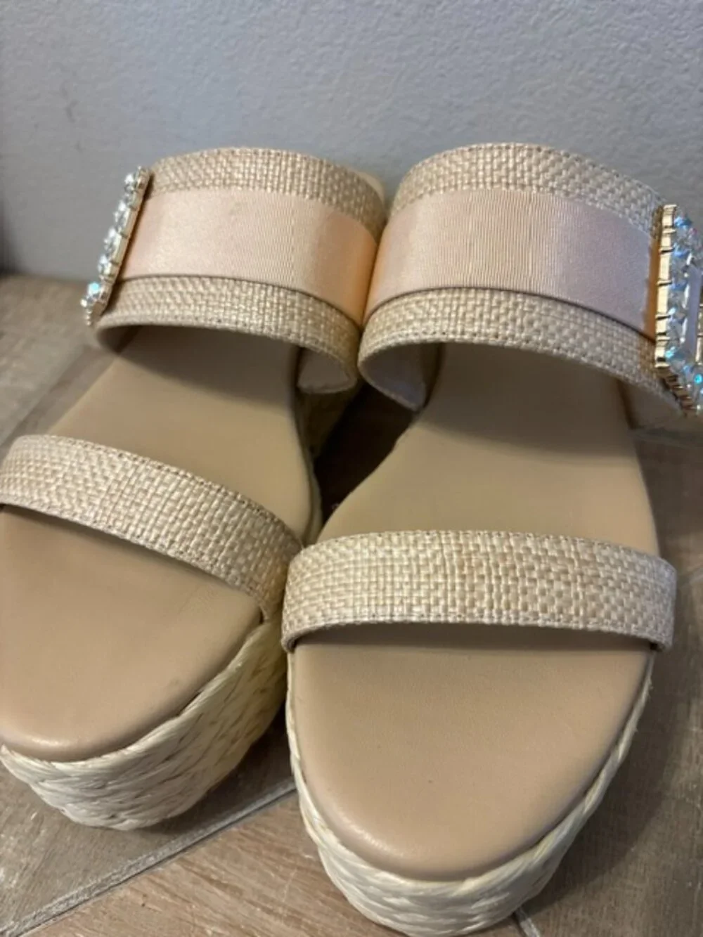 NEW Deltan Inez Woven Raffia Rhinestone Platform Espadrille Wedge Sandals Size 8